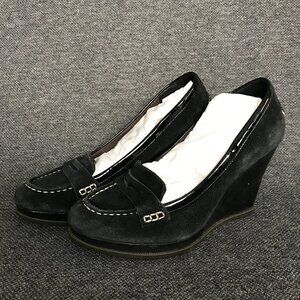 Sperry Top-Sider Wedge Cupsole Penny Loafer Heels Womens 8.5M Black Suede Shoes